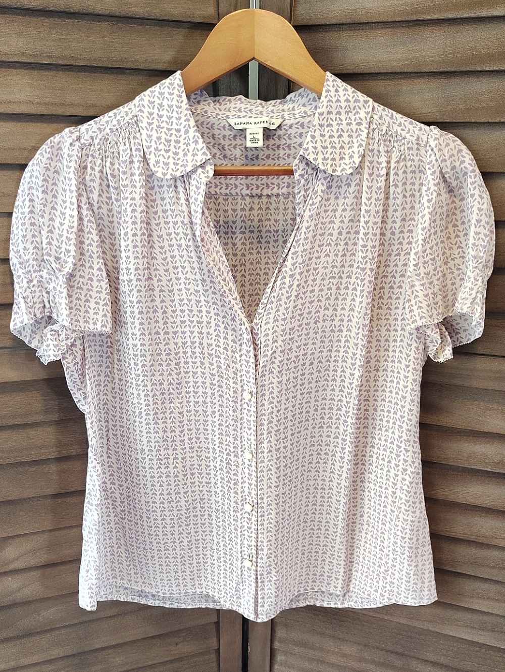Silk Lavender Floral Print Short Ruffle-Sleeve Button Blouse
